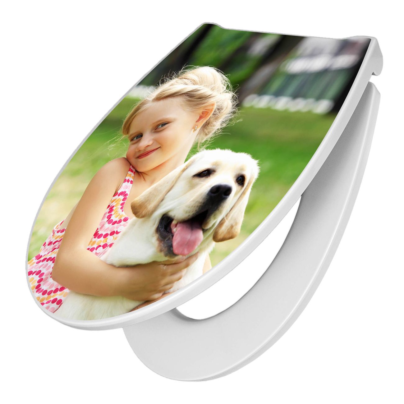 banjado Premium Design Toilettendeckel kaufen weiß mit Absenkautomatik Soft-Close Duroplast, leichte Montage von oben, mit Motiv Eigenes Bild D-Form