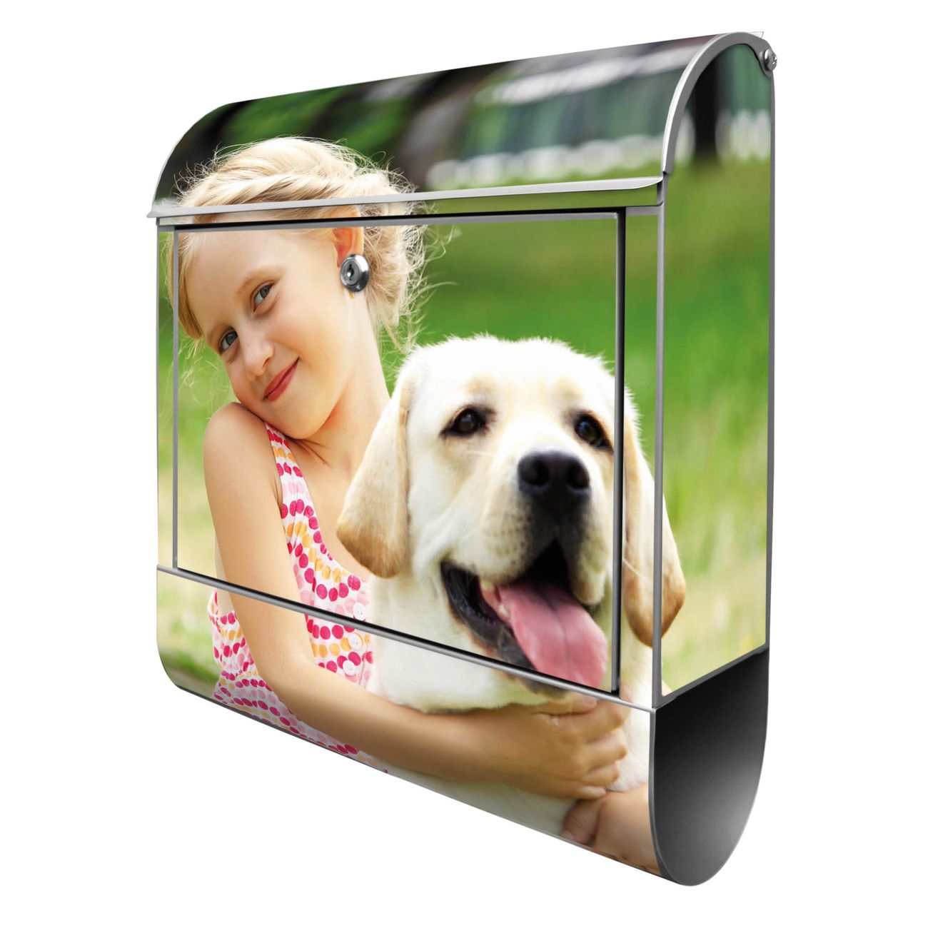 banjado Design Briefkasten silber mit Motiv Eigenes Bild 38x47x13cm, 2 Schlüssel - Briefkasten Stahl mit Zeitungsfach pulverbeschichtet A4 Einwurf