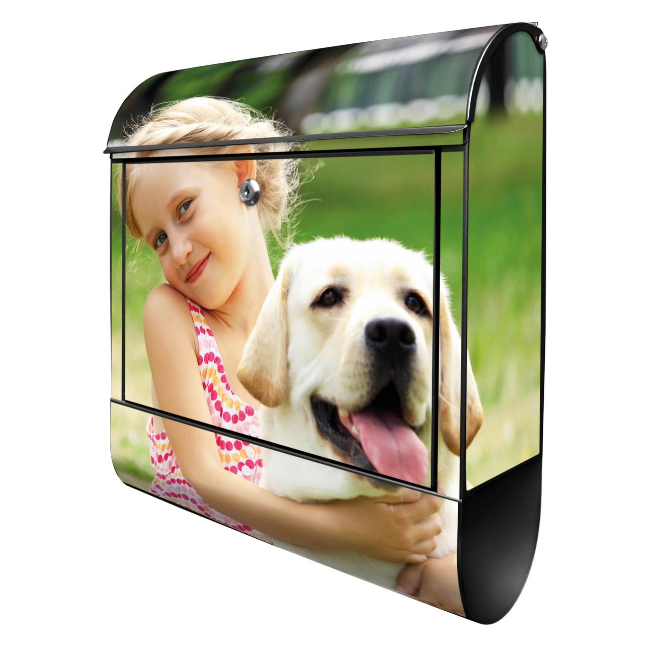 banjado Design Briefkasten schwarz mit Motiv Eigenes Bild 38x47x13cm, 2 Schlüssel - Briefkasten Stahl mit Zeitungsfach pulverbeschichtet A4 Einwurf