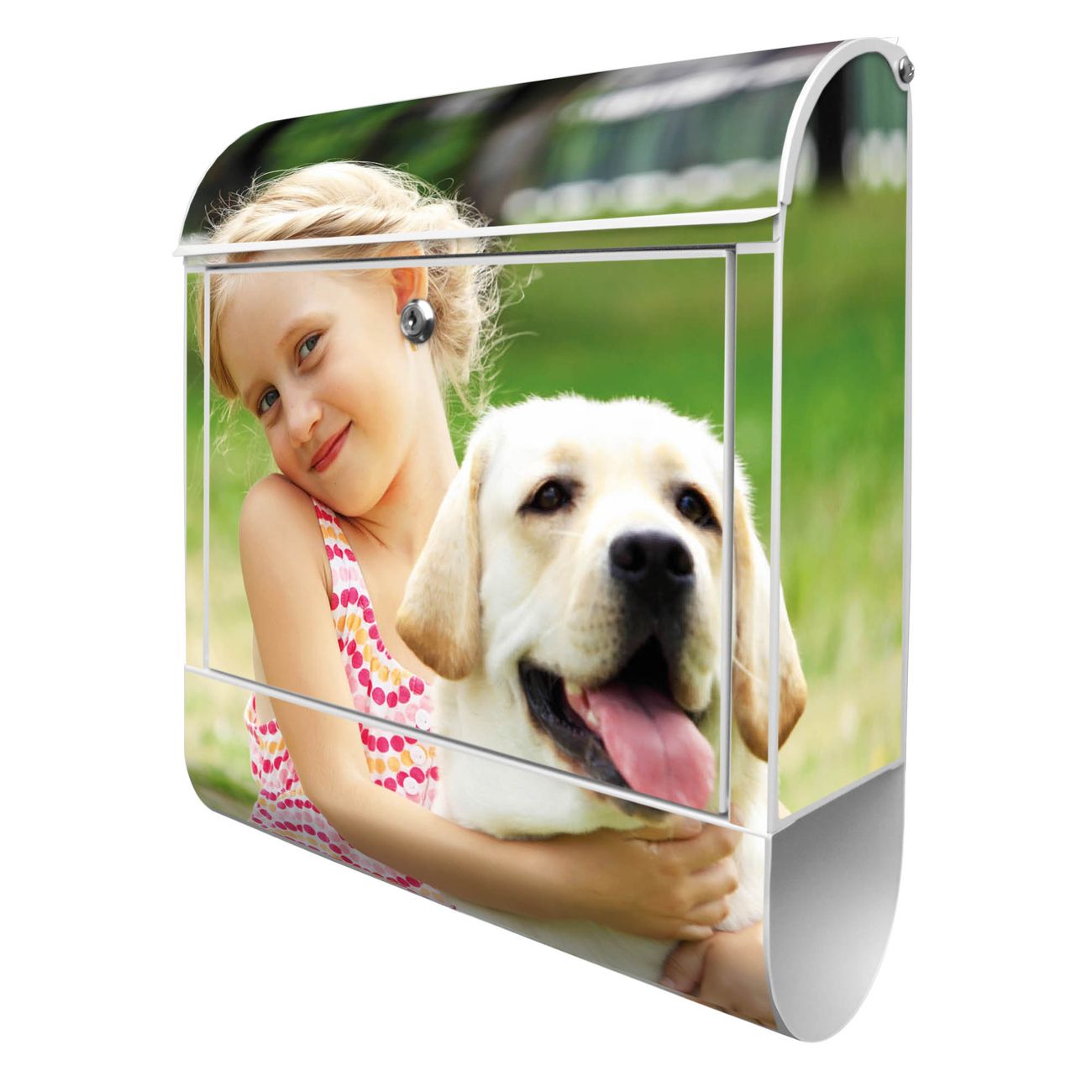 banjado Design Briefkasten weiß mit Motiv Eigenes Bild 38x47x13cm, 2 Schlüssel - Briefkasten Stahl mit Zeitungsfach pulverbeschichtet A4 Einwurf