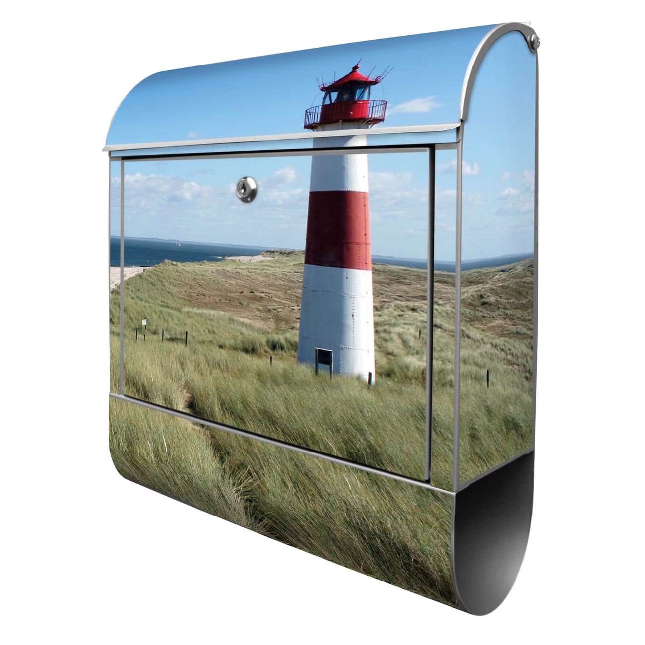 banjado Wandbriefkasten silber groß mit Motiv Leuchtturm 38x47x13cm - inkl. Zeitungsfach, 2 Schlüssel und Montageanleitung - pulverbeschichtet