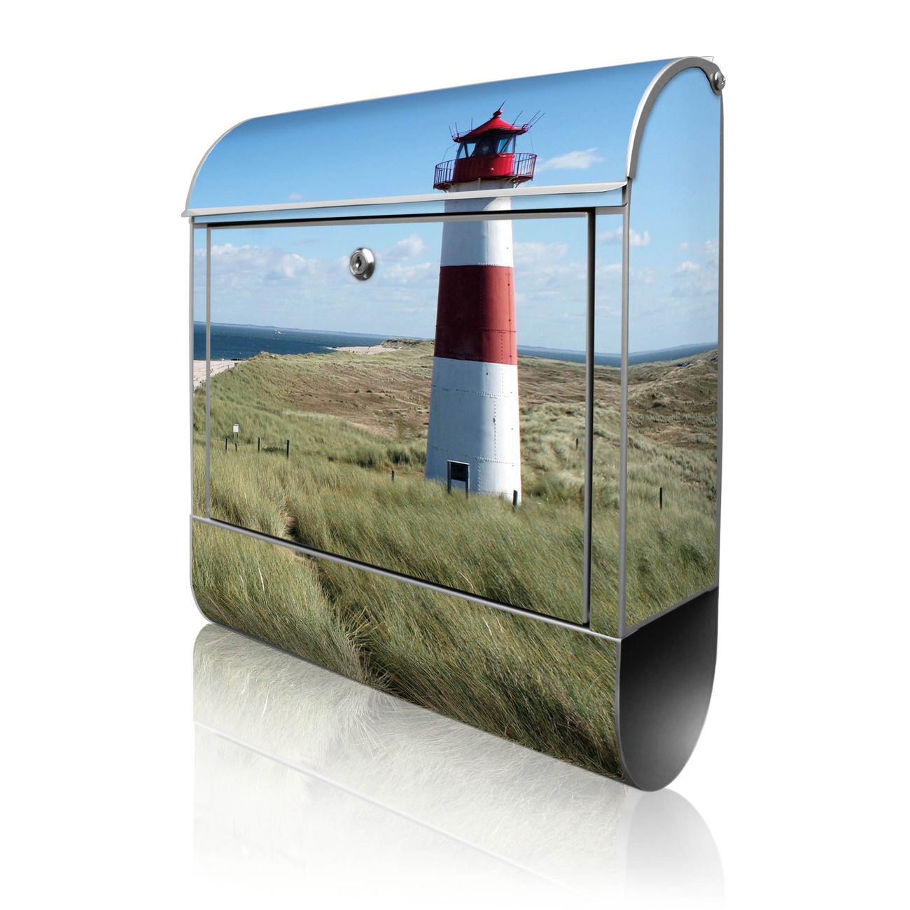 banjado Wandbriefkasten silber groß mit Motiv Leuchtturm 38x47x13cm - inkl. Zeitungsfach, 2 Schlüssel und Montageanleitung - pulverbeschichtet