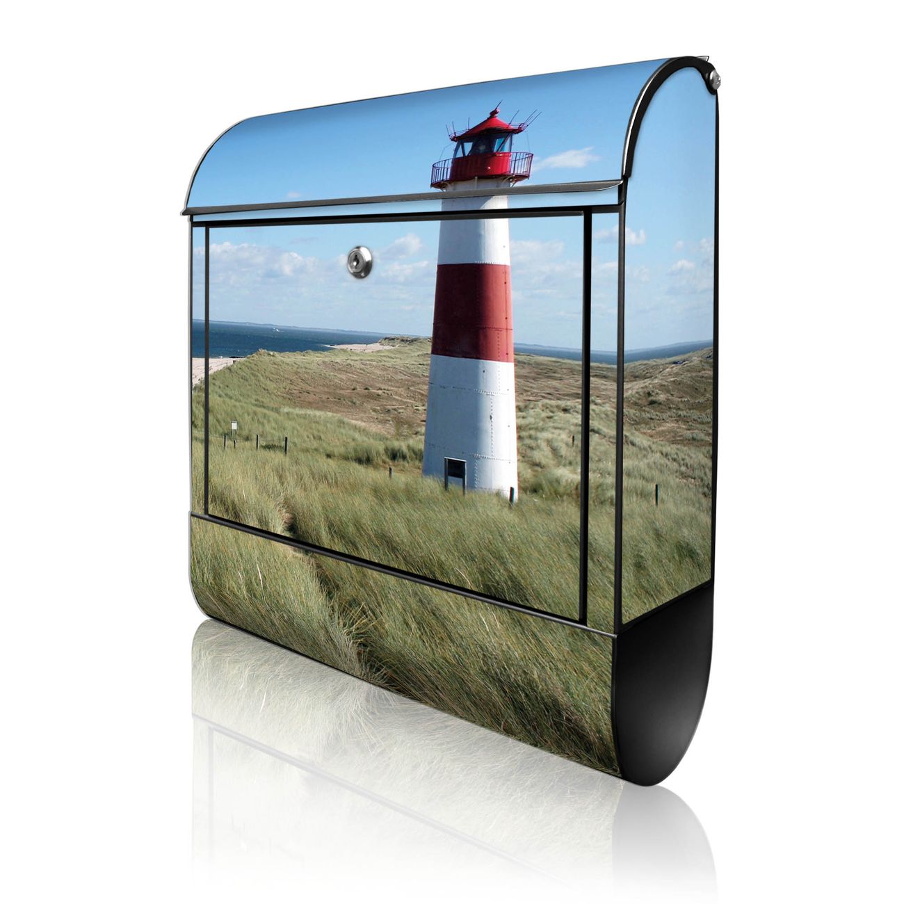 banjado Wandbriefkasten schwarz groß mit Motiv Leuchtturm 38x47x13cm - inkl. Zeitungsfach, 2 Schlüssel und Montageanleitung - pulverbeschichtet