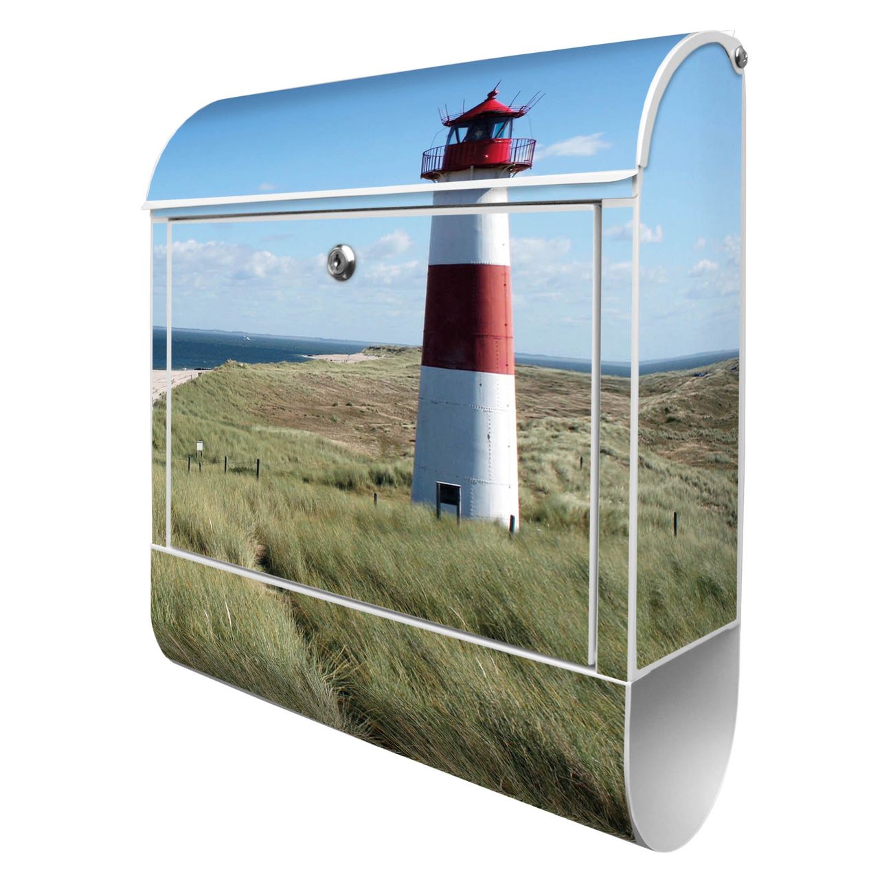 banjado Wandbriefkasten weiß groß mit Motiv Leuchtturm 38x47x13cm - inkl. Zeitungsfach, 2 Schlüssel und Montageanleitung - pulverbeschichtet
