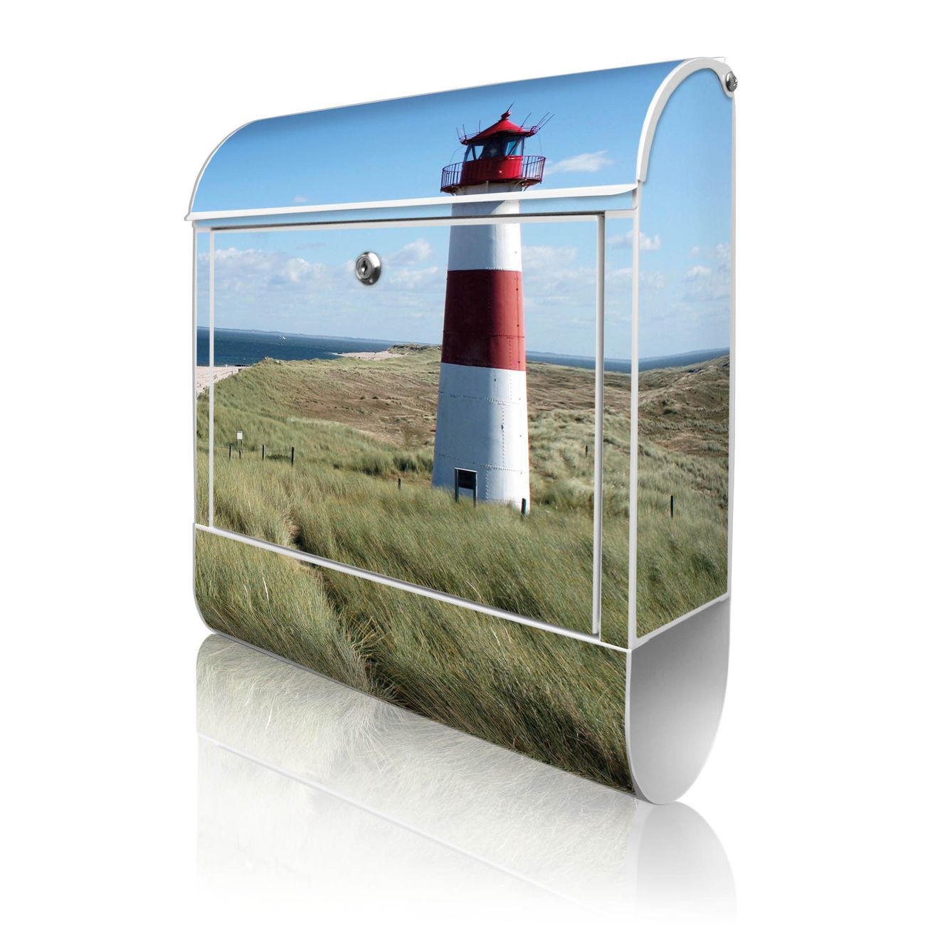 banjado Wandbriefkasten weiß groß mit Motiv Leuchtturm 38x47x13cm - inkl. Zeitungsfach, 2 Schlüssel und Montageanleitung - pulverbeschichtet