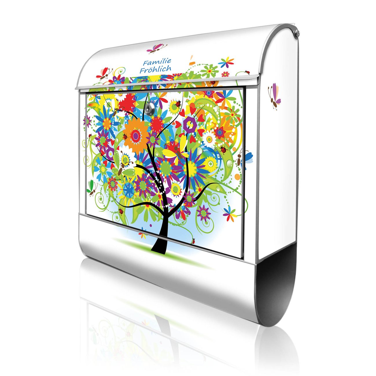 banjado Briefkasten silber mit Hausnummer und Motiv Märchenzauberbaum 38x47x13cm - mit Zeitungsfach pulverbeschichtet - 2 Schlüssel, Montageanleitung