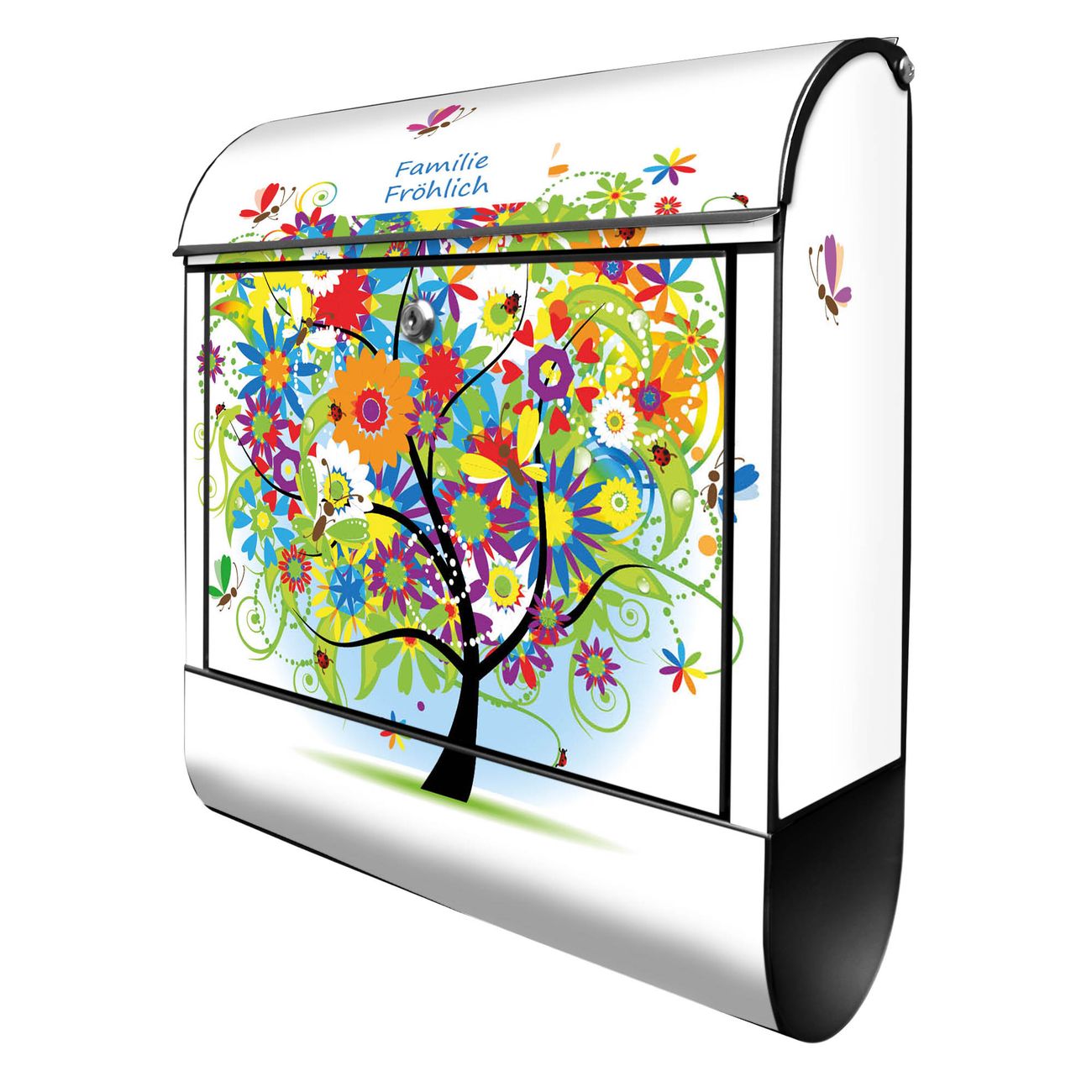 banjado Briefkasten schwarz mit Hausnummer und Motiv Zauberbaum 38x47x13cm - mit Zeitungsfach pulverbeschichtet - 2 Schlüssel, Montageanleitung