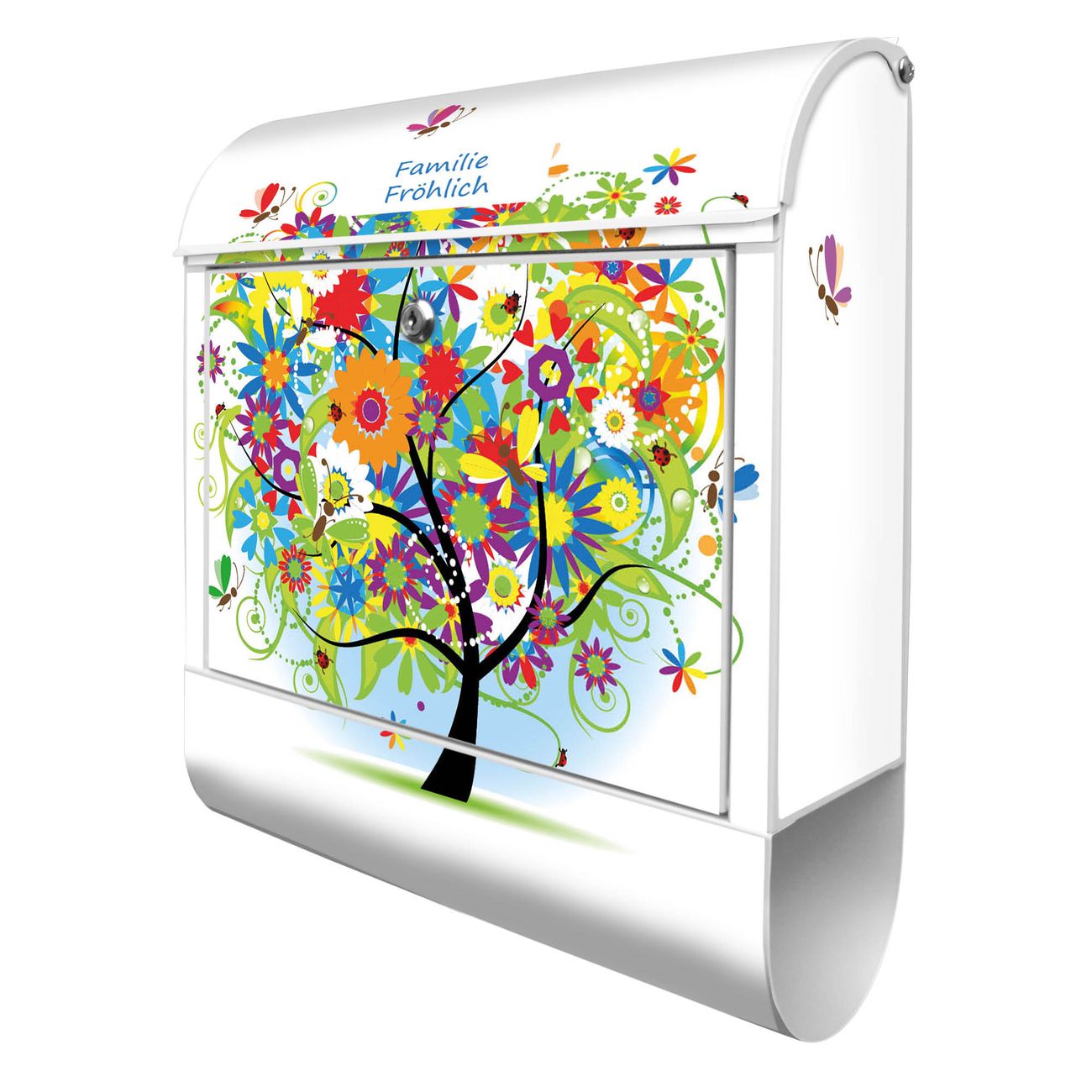 banjado Briefkasten weiß mit Hausnummer und Motiv Zauberbaum 38x47x13cm - mit Zeitungsfach pulverbeschichtet - 2 Schlüssel, Montageanleitung