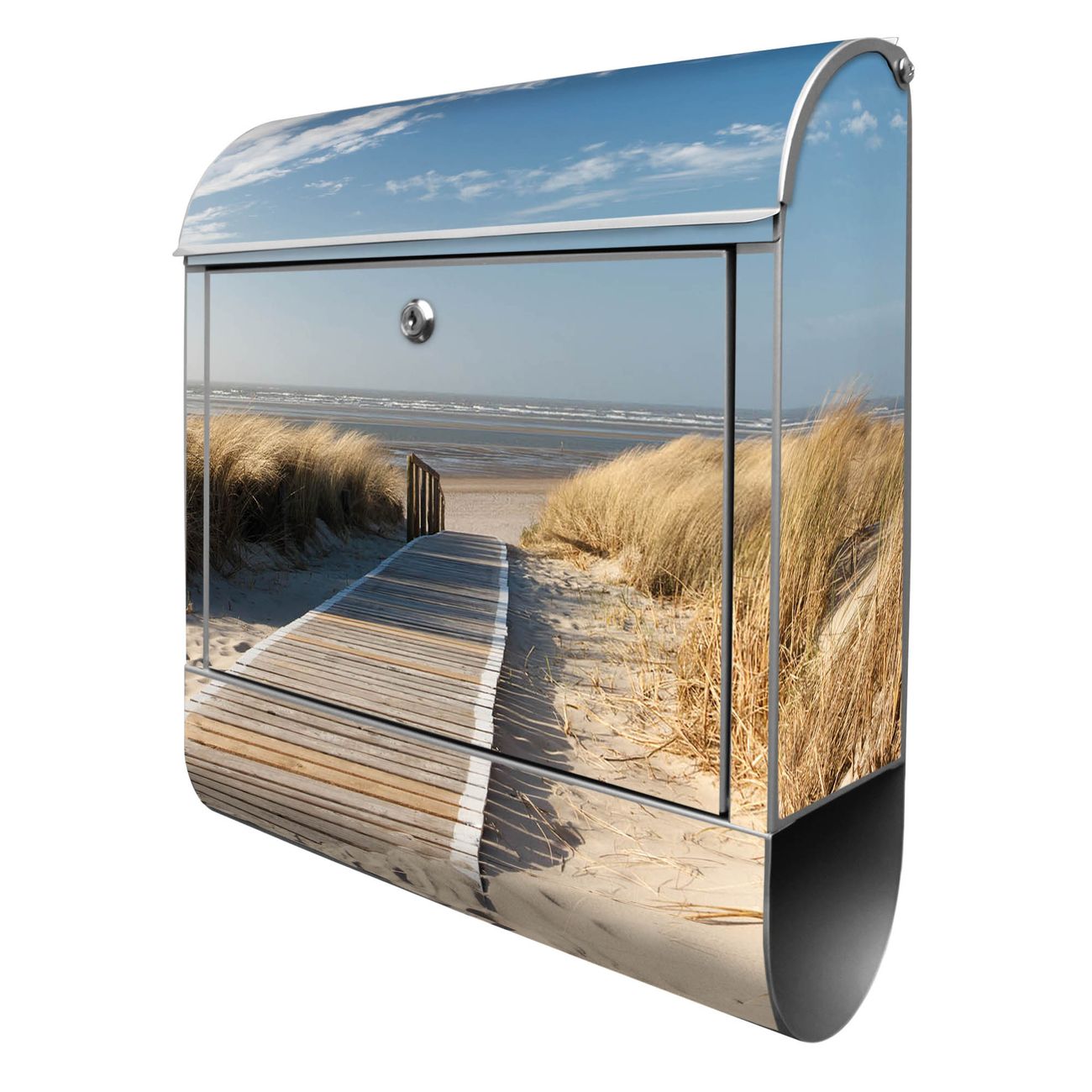 banjado Briefkasten groß silber kaufen mit Motiv Dünen 38x47x13cm - mit Zeitungsfach pulverbeschichtet - 2 Schlüssel - mit Montageanleitung