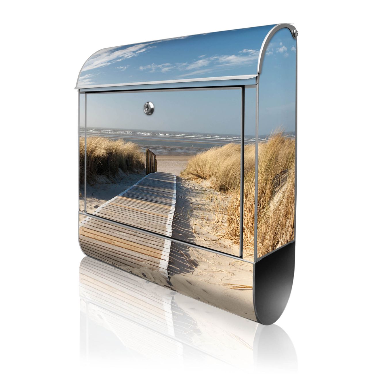 banjado Briefkasten groß silber kaufen mit Motiv Dünen 38x47x13cm - mit Zeitungsfach pulverbeschichtet - 2 Schlüssel - mit Montageanleitung