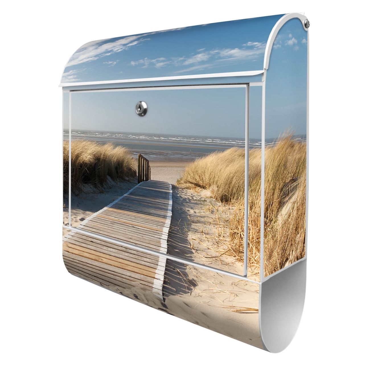 banjado Briefkasten groß weiß kaufen mit Motiv Dünen 38x47x13cm - mit Zeitungsfach pulverbeschichtet - 2 Schlüssel - mit Montageanleitung