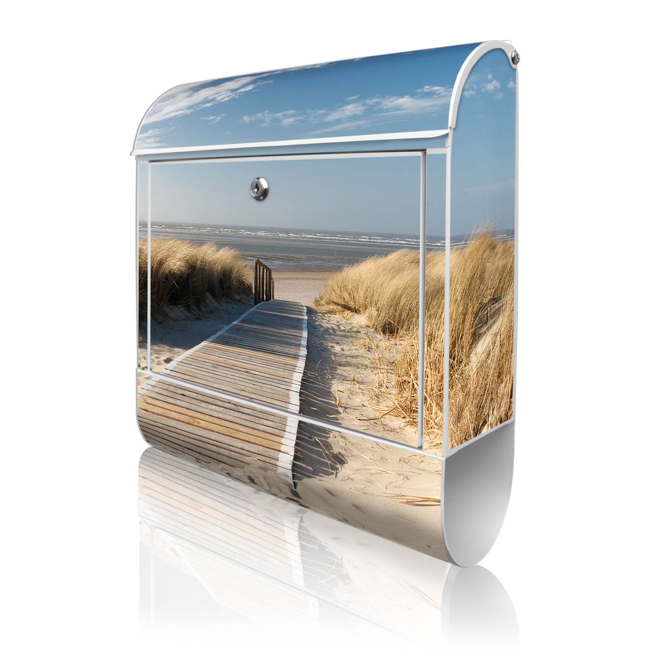 banjado Briefkasten groß weiß kaufen mit Motiv Dünen 38x47x13cm - mit Zeitungsfach pulverbeschichtet - 2 Schlüssel - mit Montageanleitung