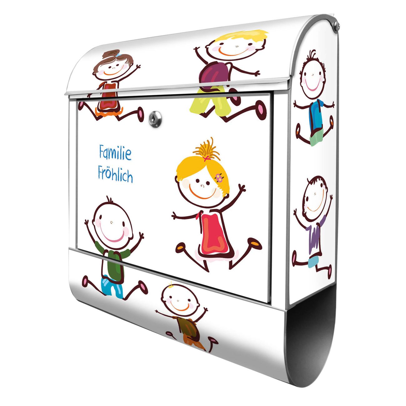 banjado Design Briefkasten silber mit Motiv Happy Kids 38x47x13cm, 2 Schlüssel - Briefkasten Stahl mit Zeitungsfach pulverbeschichtet A4 Einwurf