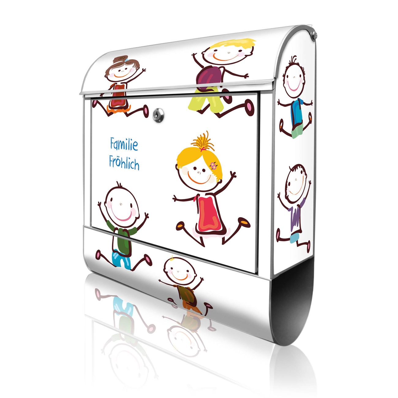 banjado Design Briefkasten silber mit Motiv Happy Kids 38x47x13cm, 2 Schlüssel - Briefkasten Stahl mit Zeitungsfach pulverbeschichtet A4 Einwurf