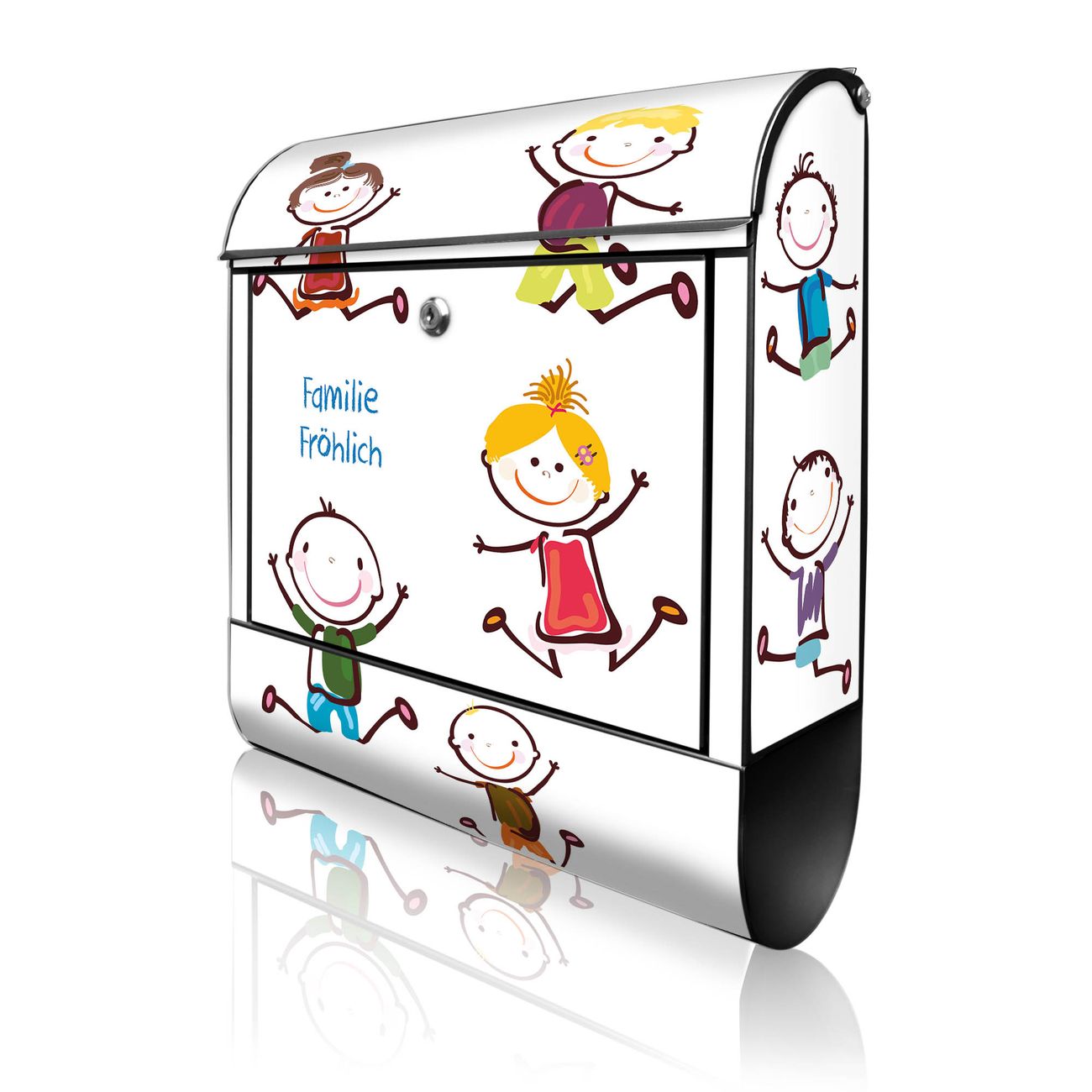 banjado Design Briefkasten schwarz mit Motiv Happy Kids 38x47x13cm, 2 Schlüssel - Briefkasten Stahl mit Zeitungsfach pulverbeschichtet A4 Einwurf