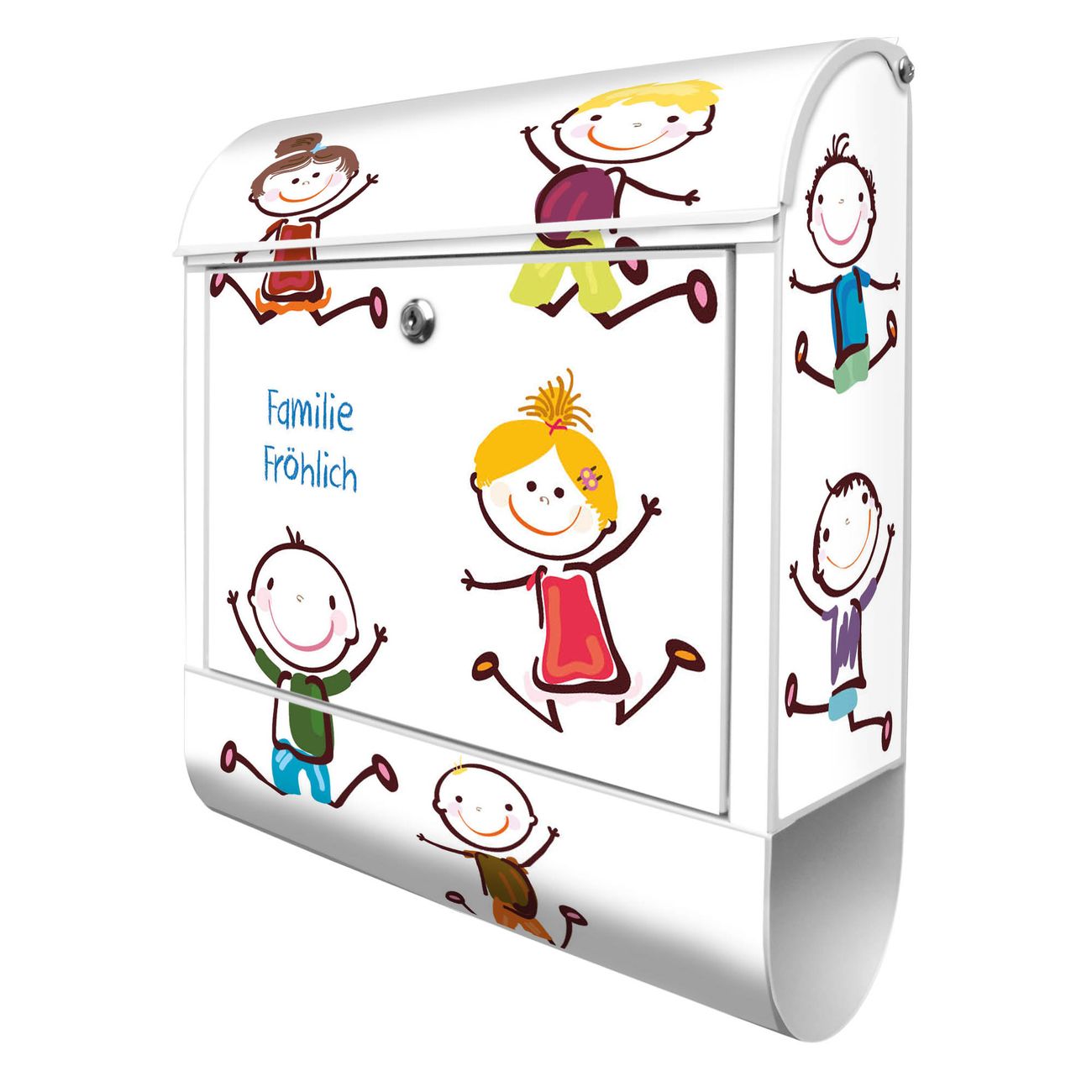 banjado Design Briefkasten weiß mit Motiv Happy Kids 38x47x13cm, 2 Schlüssel - Briefkasten Stahl mit Zeitungsfach pulverbeschichtet A4 Einwurf