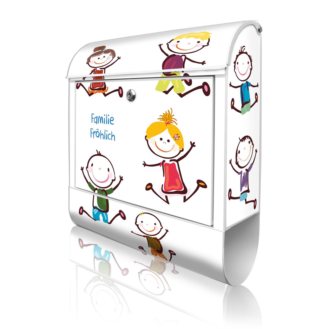 banjado Design Briefkasten weiß mit Motiv Happy Kids 38x47x13cm, 2 Schlüssel - Briefkasten Stahl mit Zeitungsfach pulverbeschichtet A4 Einwurf