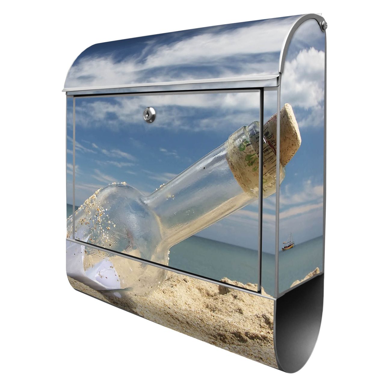 banjado Manufaktur Briefkasten silber bunt mit Motiv Flaschenpost 38x47x13cm - mit Zeitungsfach pulverbeschichtet, 2 Schlüssel, mit Montageanleitung