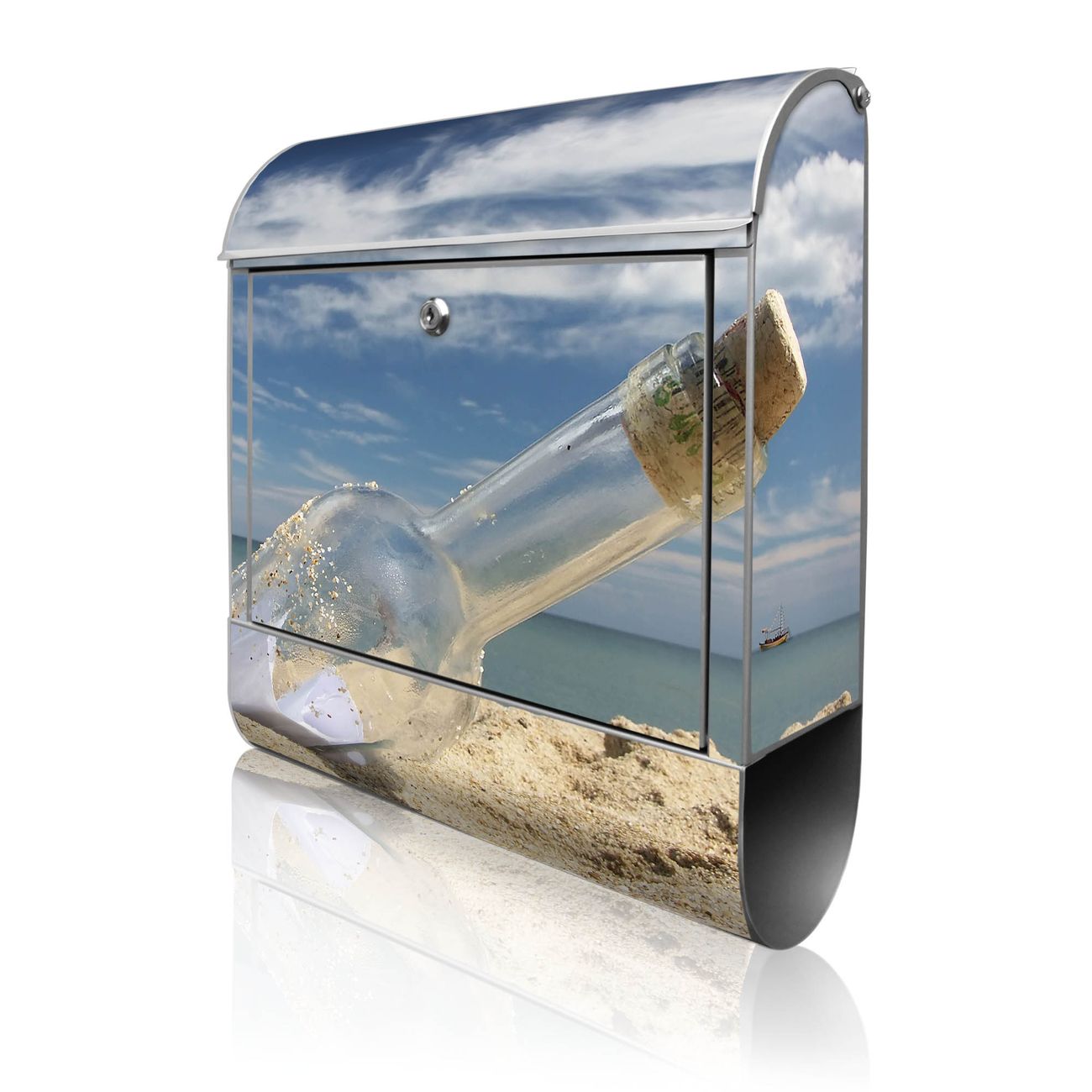 banjado Manufaktur Briefkasten silber bunt mit Motiv Flaschenpost 38x47x13cm - mit Zeitungsfach pulverbeschichtet, 2 Schlüssel, mit Montageanleitung