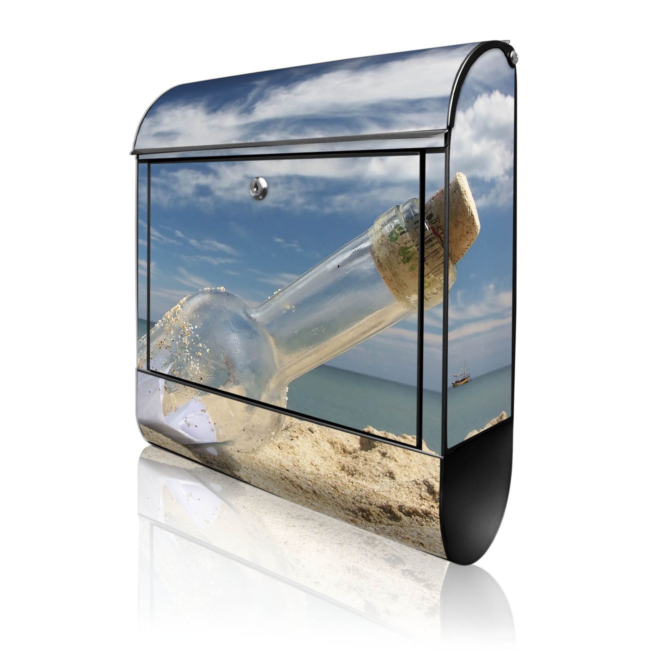 banjado Manufaktur Briefkasten schwarz bunt mit Motiv Flaschenpost 38x47x13cm - mit Zeitungsfach pulverbeschichtet, 2 Schlüssel, mit Montageanleitung