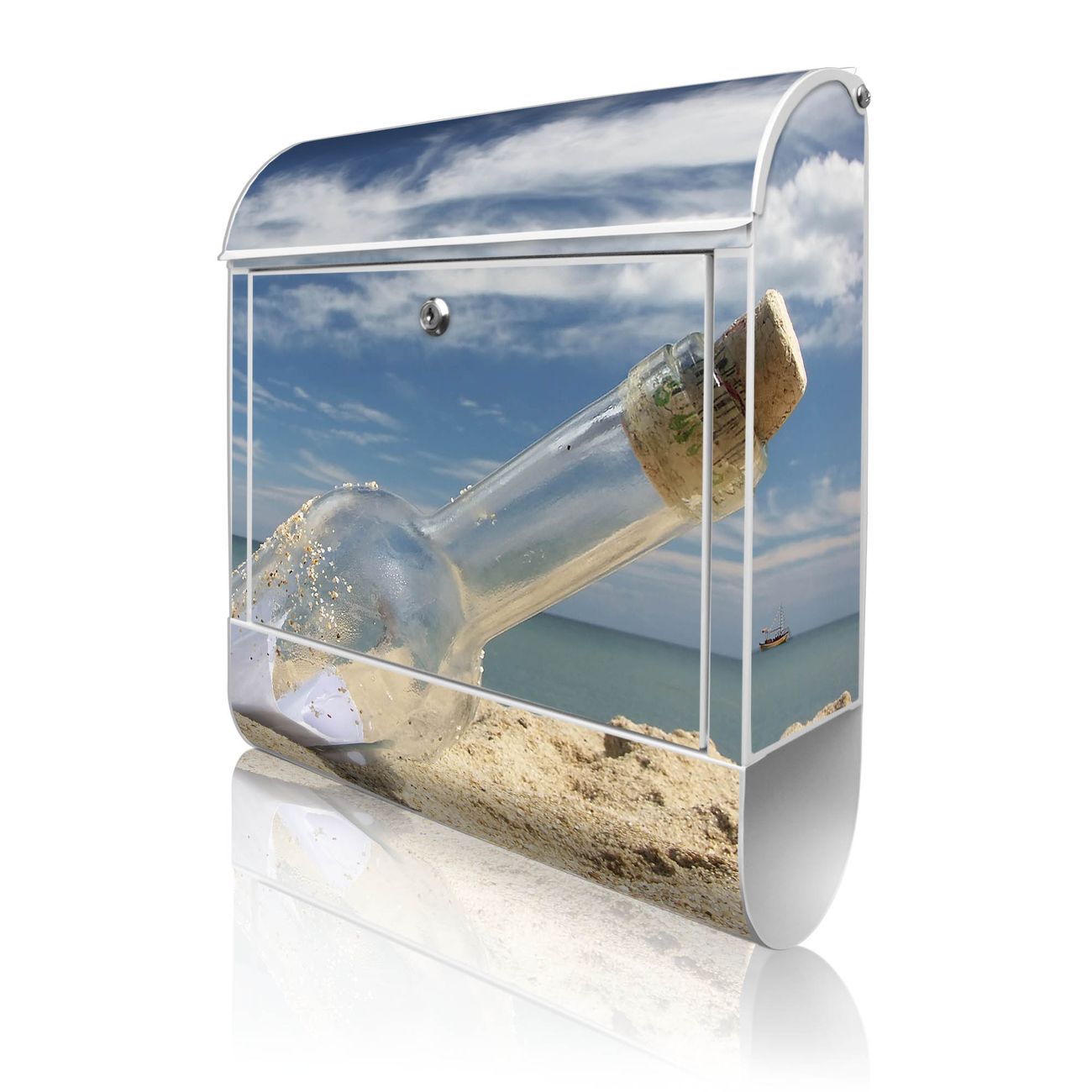 banjado Manufaktur Briefkasten weiß bunt mit Motiv Flaschenpost 38x47x13cm - mit Zeitungsfach pulverbeschichtet, 2 Schlüssel, mit Montageanleitung