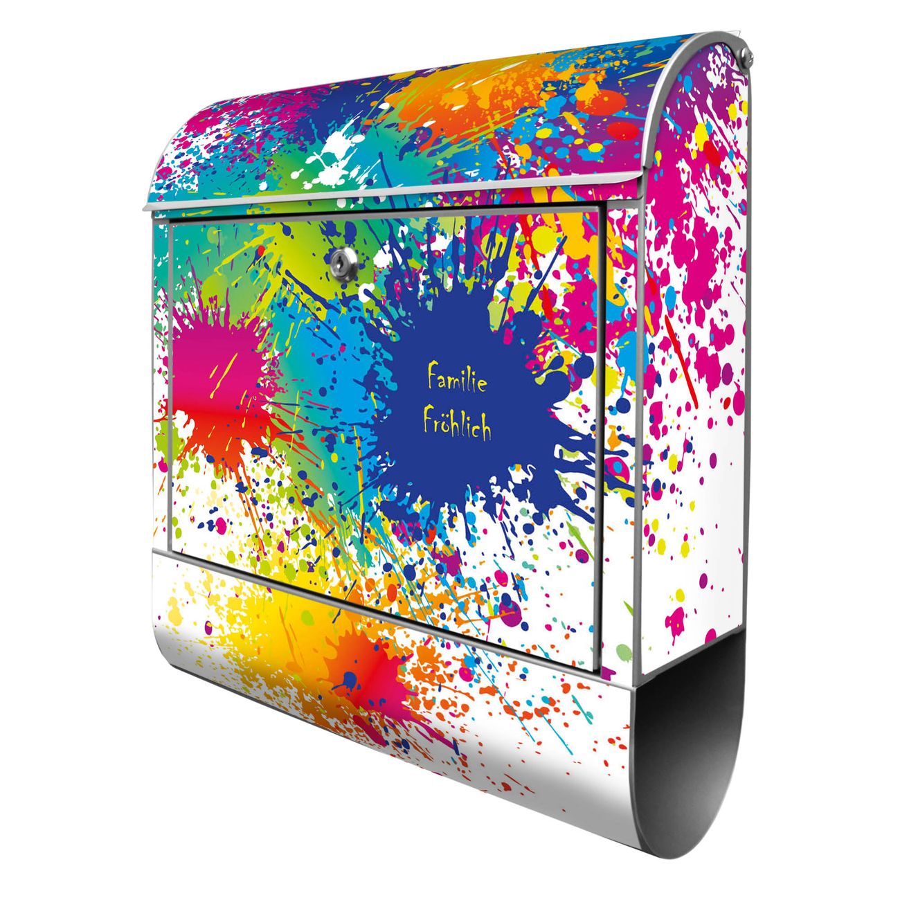 banjado Briefkasten groß silber kaufen mit Motiv Farbspritzer 38x47x13cm - mit Zeitungsfach pulverbeschichtet - 2 Schlüssel - mit Montageanleitung