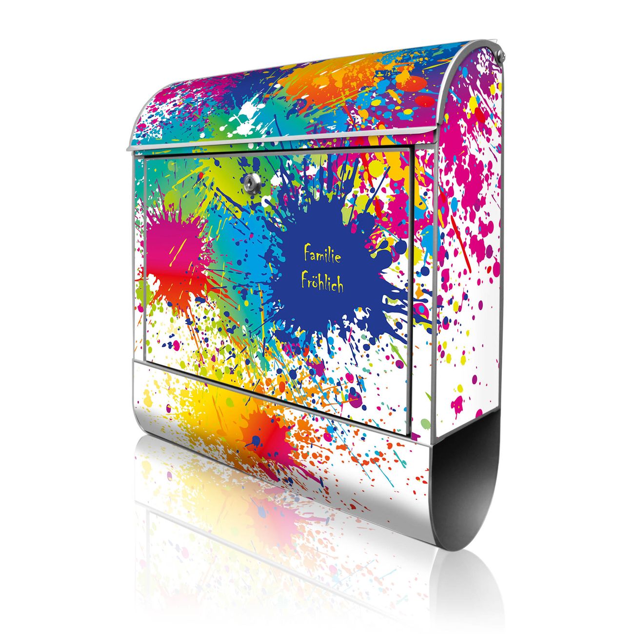 banjado Briefkasten groß silber kaufen mit Motiv Farbspritzer 38x47x13cm - mit Zeitungsfach pulverbeschichtet - 2 Schlüssel - mit Montageanleitung