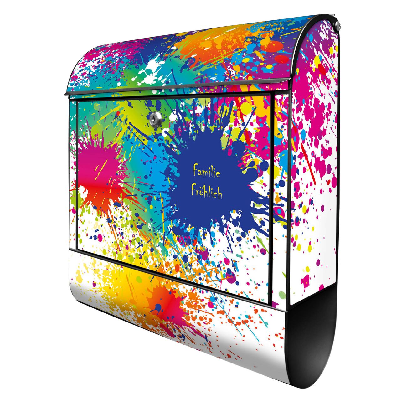 banjado Briefkasten groß schwarz kaufen mit Motiv Farbspritzer 38x47x13cm - mit Zeitungsfach pulverbeschichtet - 2 Schlüssel - mit Montageanleitung