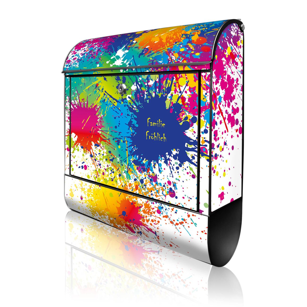 banjado Briefkasten groß schwarz kaufen mit Motiv Farbspritzer 38x47x13cm - mit Zeitungsfach pulverbeschichtet - 2 Schlüssel - mit Montageanleitung