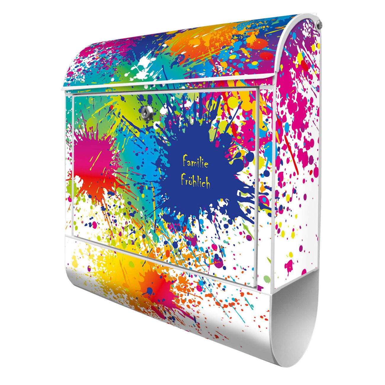 banjado Briefkasten groß weiß kaufen mit Motiv Farbspritzer 38x47x13cm - mit Zeitungsfach pulverbeschichtet - 2 Schlüssel - mit Montageanleitung