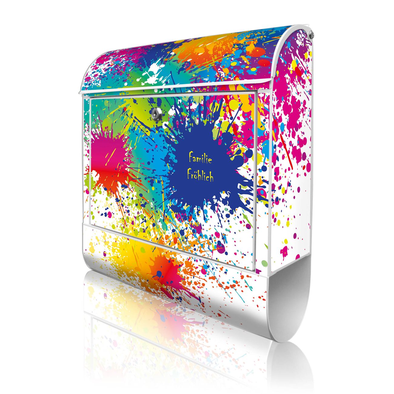 banjado Briefkasten groß weiß kaufen mit Motiv Farbspritzer 38x47x13cm - mit Zeitungsfach pulverbeschichtet - 2 Schlüssel - mit Montageanleitung