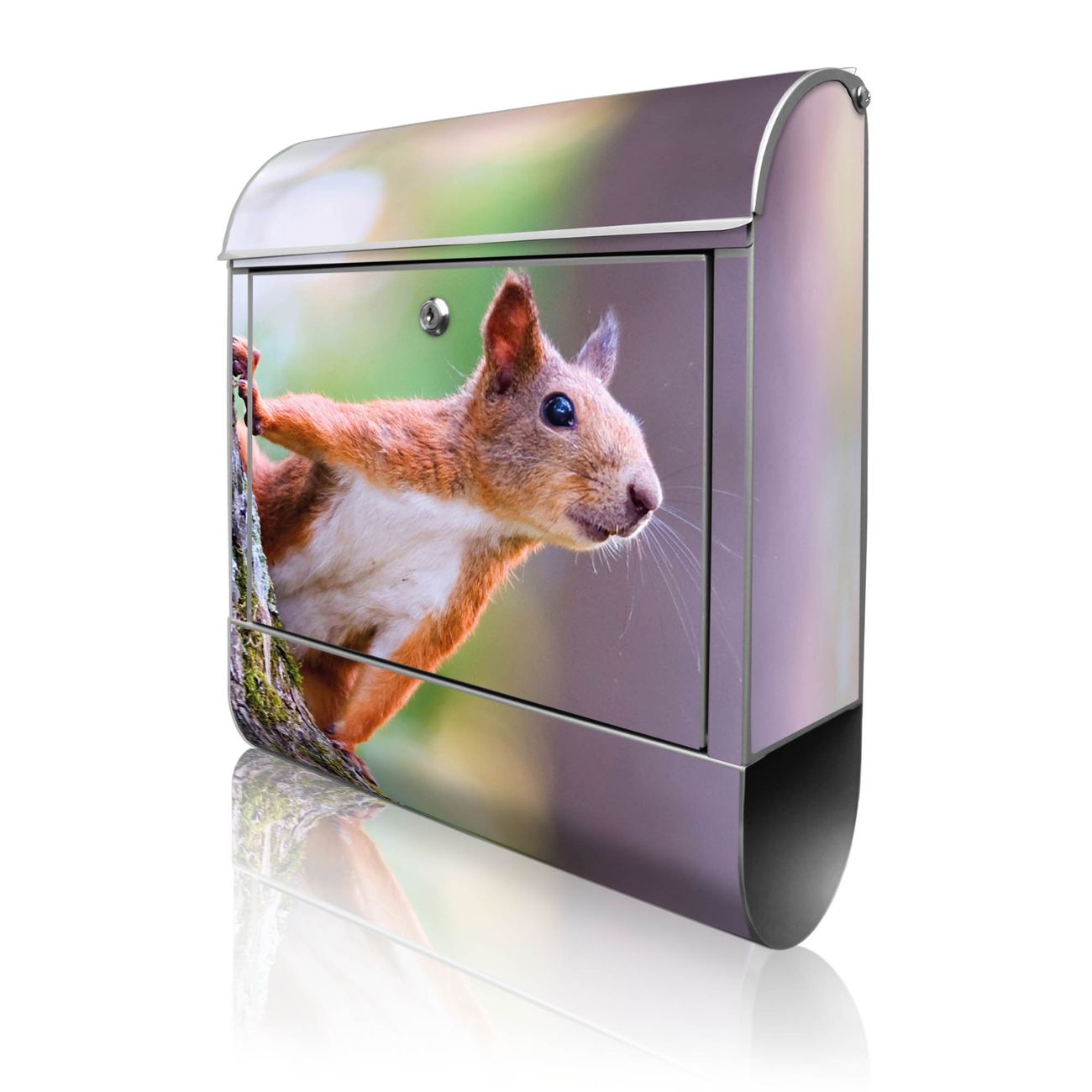 banjado Manufaktur Briefkasten silber bunt mit Motiv Eichhörnchen 38x47x13cm - mit Zeitungsfach pulverbeschichtet, 2 Schlüssel, mit Montageanleitung