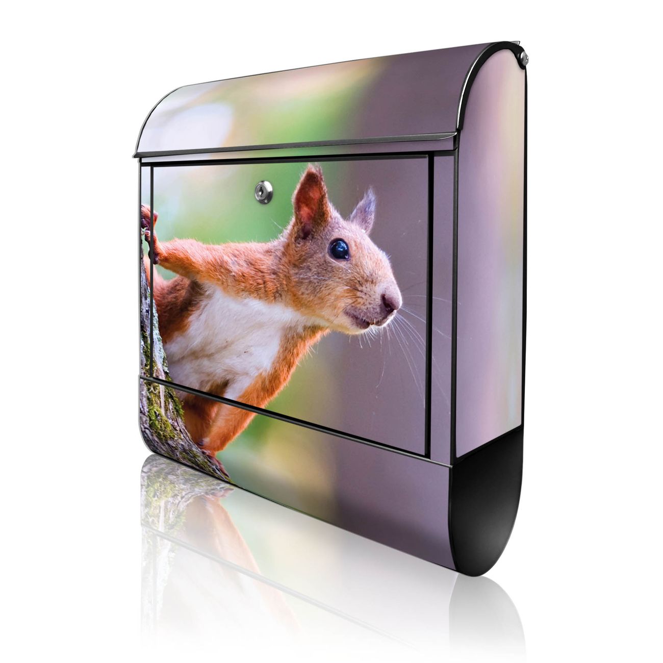 banjado Manufaktur Briefkasten schwarz bunt mit Motiv Eichhörnchen 38x47x13cm - mit Zeitungsfach pulverbeschichtet, 2 Schlüssel, mit Montageanleitung