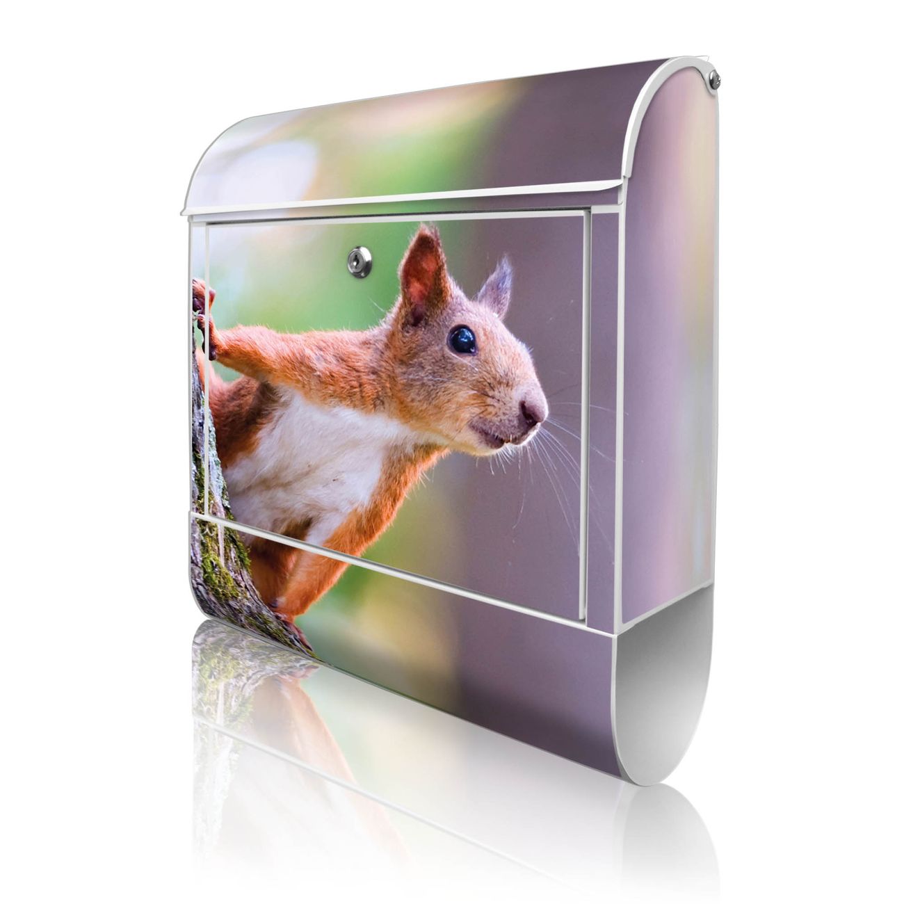 banjado Manufaktur Briefkasten weiß bunt mit Motiv Eichhörnchen 38x47x13cm - mit Zeitungsfach pulverbeschichtet, 2 Schlüssel, mit Montageanleitung