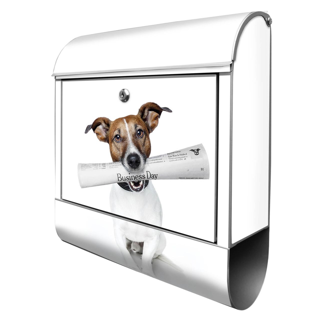 banjado Briefkasten silber mit Hausnummer und Motiv Business Day 38x47x13cm - mit Zeitungsfach pulverbeschichtet - 2 Schlüssel, Montageanleitung