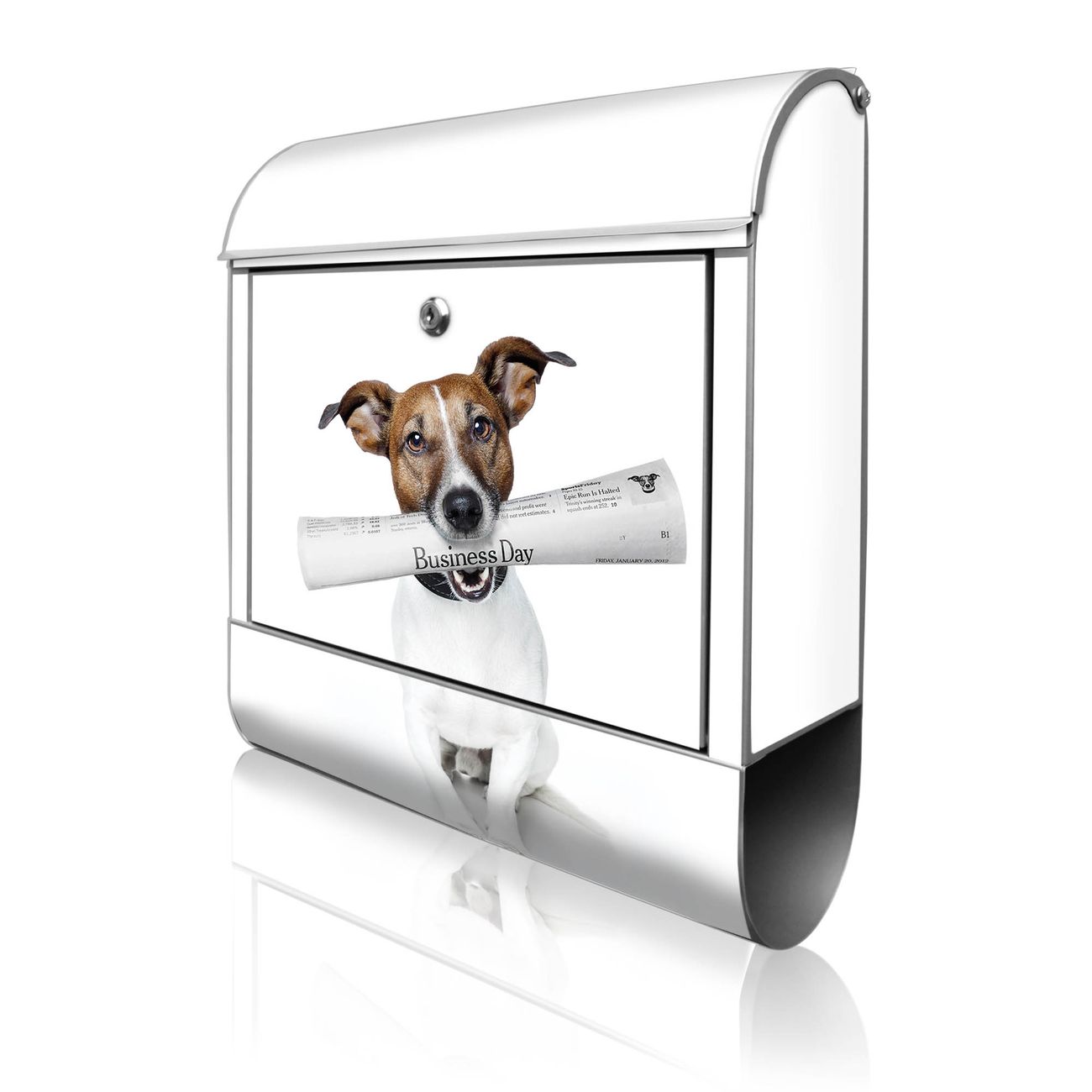 banjado Briefkasten silber mit Hausnummer und Motiv Business Day 38x47x13cm - mit Zeitungsfach pulverbeschichtet - 2 Schlüssel, Montageanleitung