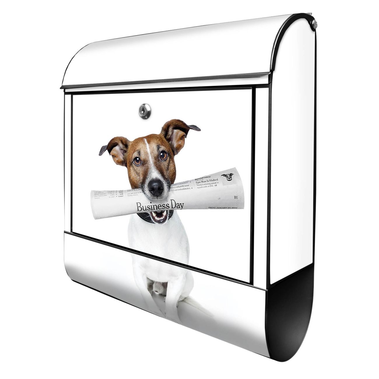 banjado Briefkasten schwarz mit Hausnummer und Motiv Business Day 38x47x13cm - mit Zeitungsfach pulverbeschichtet - 2 Schlüssel, Montageanleitung