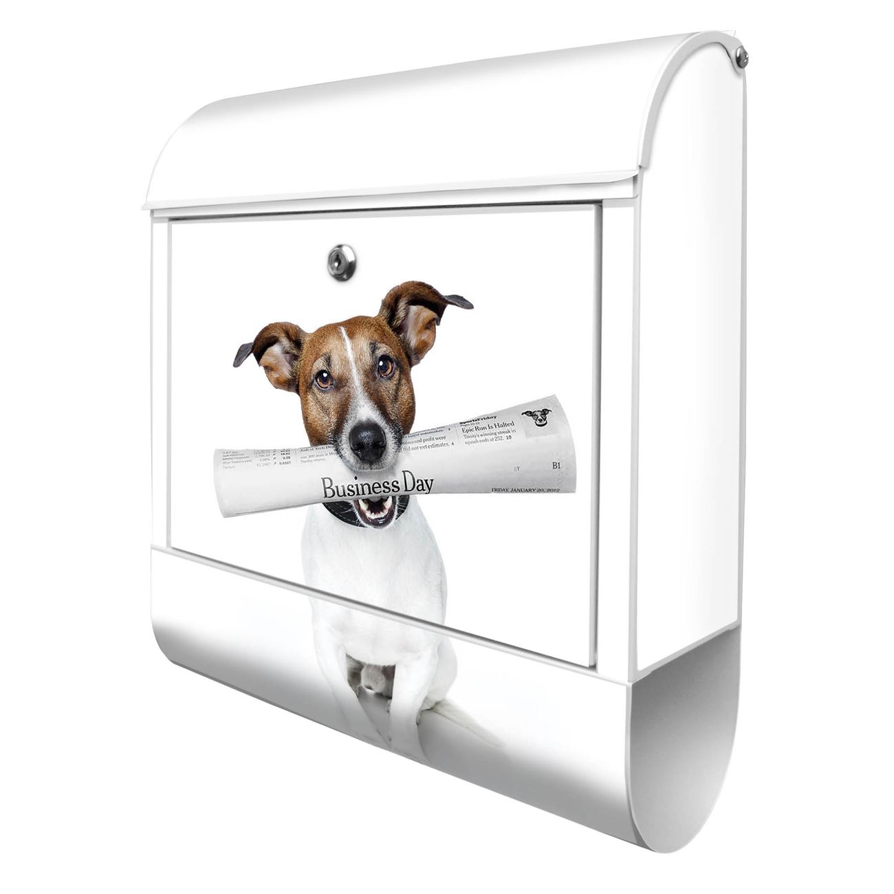 banjado Briefkasten weiß mit Hausnummer und Motiv Business Day 38x47x13cm - mit Zeitungsfach pulverbeschichtet - 2 Schlüssel, Montageanleitung