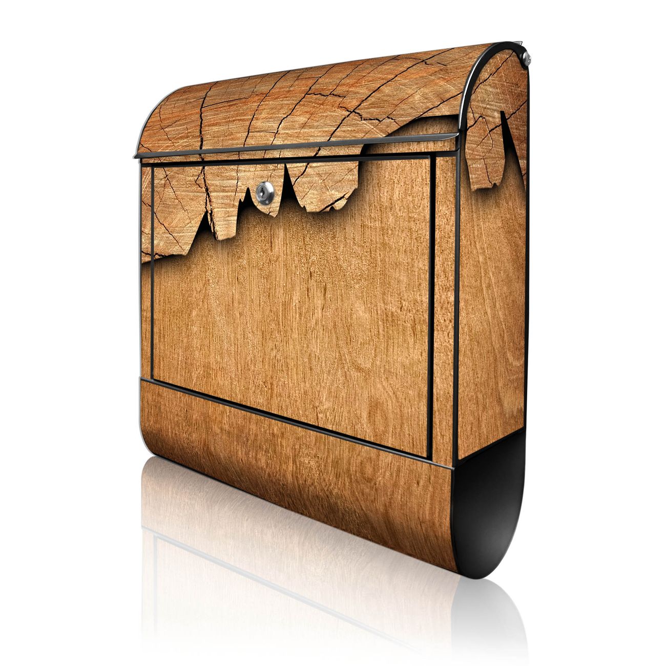 banjado Wandbriefkasten schwarz groß mit Motiv Holz 38x47x13cm - inkl. Zeitungsfach, 2 Schlüssel und Montageanleitung - pulverbeschichtet