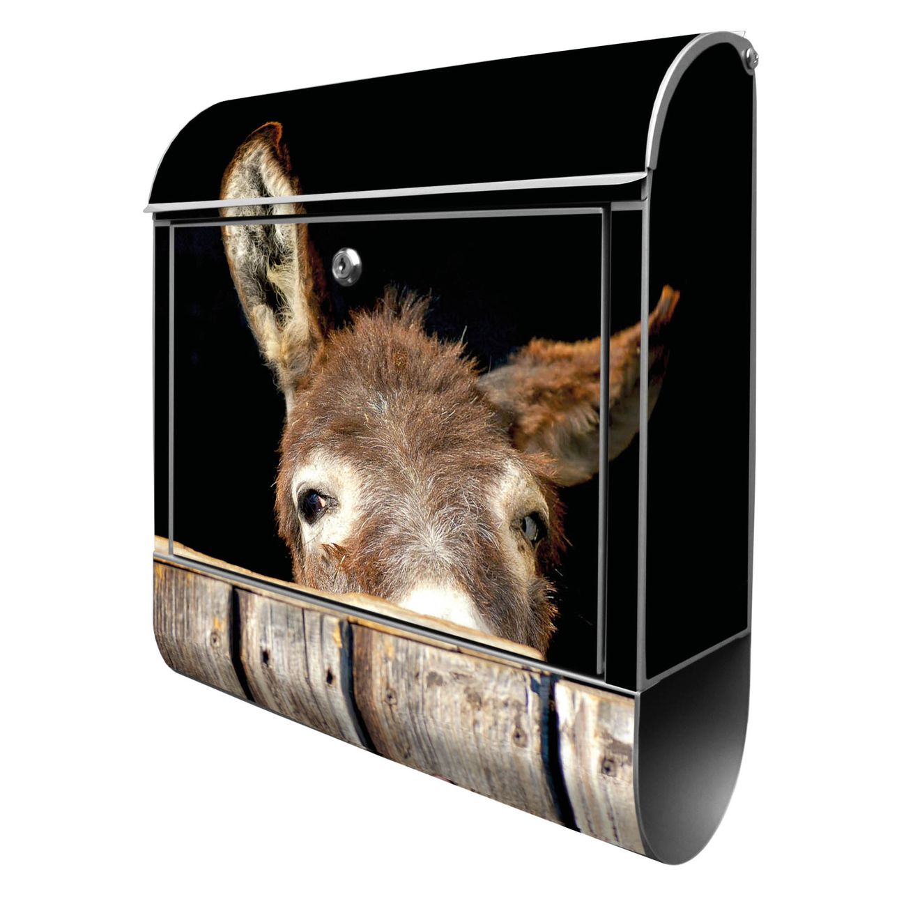 banjado Wandbriefkasten silber groß mit Motiv Esel 38x47x13cm - inkl. Zeitungsfach, 2 Schlüssel und Montageanleitung - pulverbeschichtet