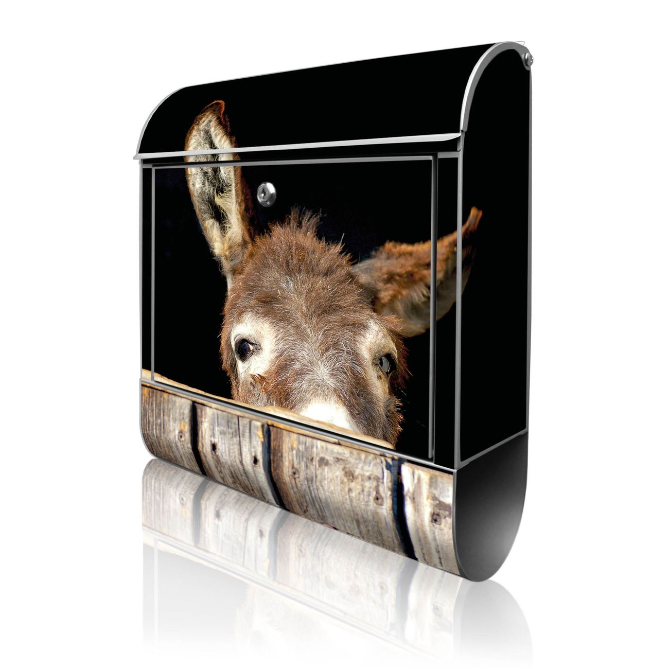 banjado Wandbriefkasten silber groß mit Motiv Esel 38x47x13cm - inkl. Zeitungsfach, 2 Schlüssel und Montageanleitung - pulverbeschichtet