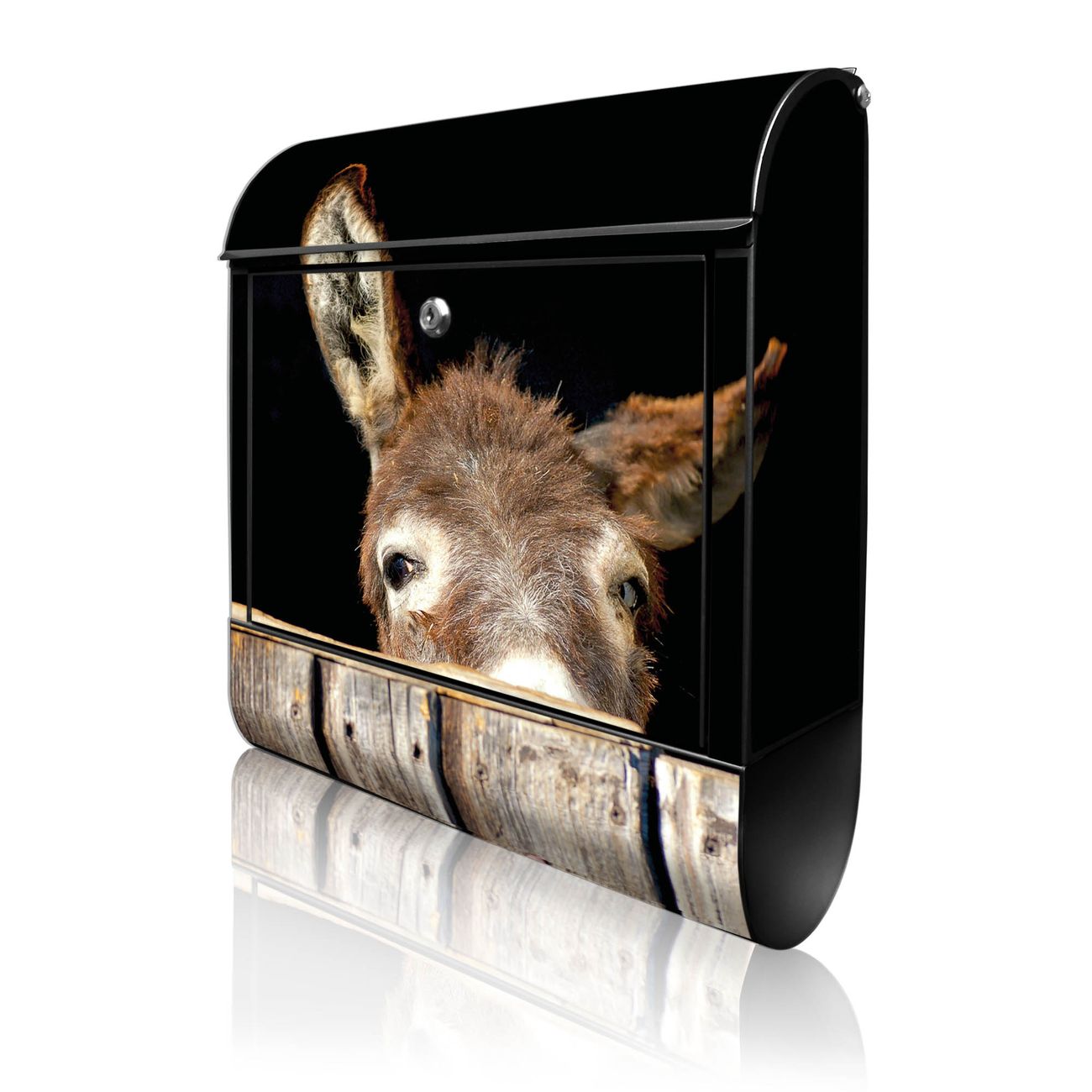 banjado Wandbriefkasten schwarz groß mit Motiv Esel 38x47x13cm - inkl. Zeitungsfach, 2 Schlüssel und Montageanleitung - pulverbeschichtet