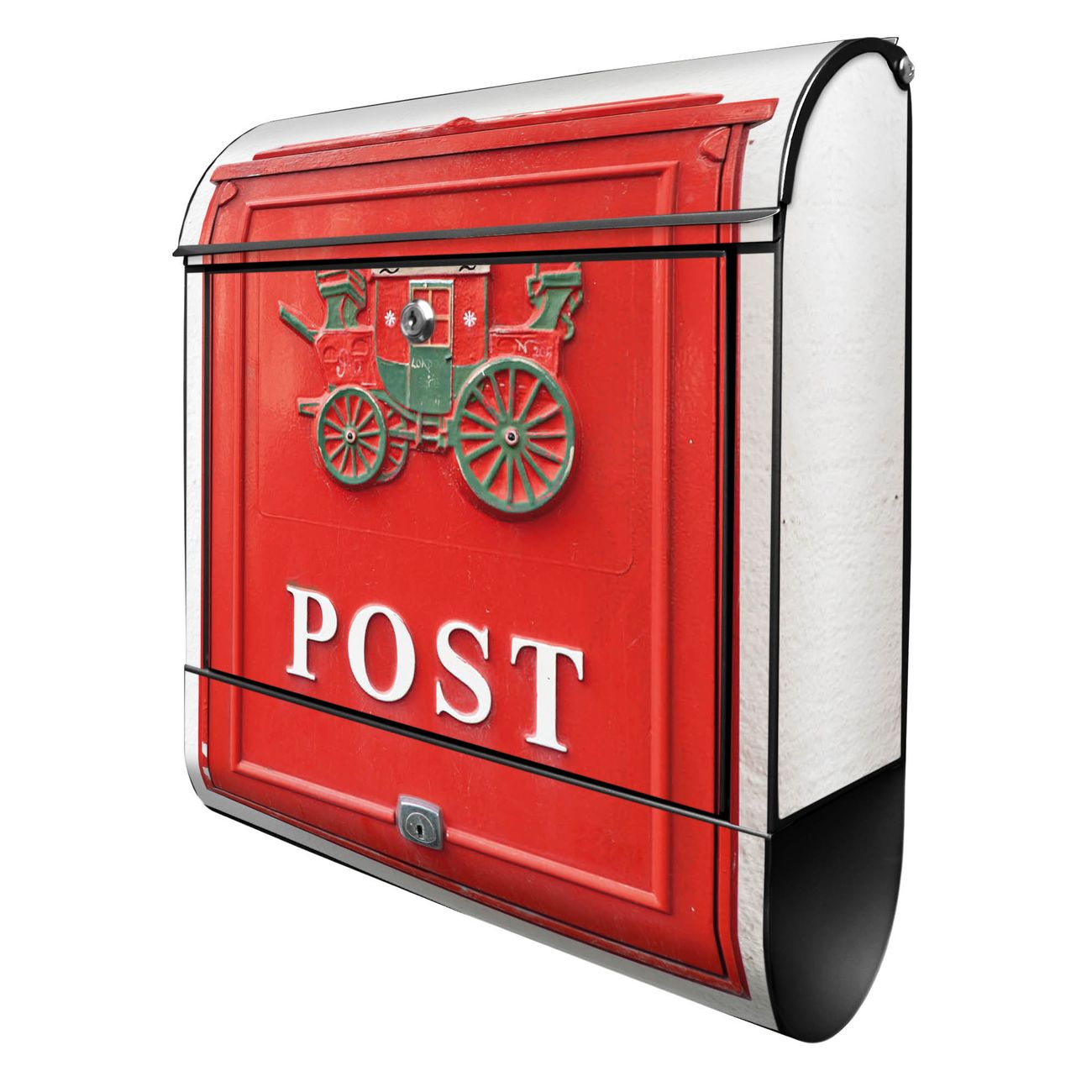 banjado Design Briefkasten schwarz mit Motiv Postkasten 38x47x13cm, 2 Schlüssel - Briefkasten Stahl mit Zeitungsfach pulverbeschichtet A4 Einwurf