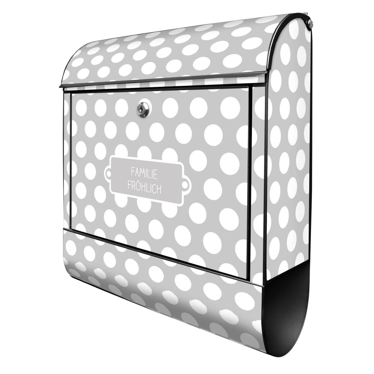 banjado Briefkasten schwarz mit Hausnummer und Motiv Punkte Grau 38x47x13cm - mit Zeitungsfach pulverbeschichtet - 2 Schlüssel, Montageanleitung