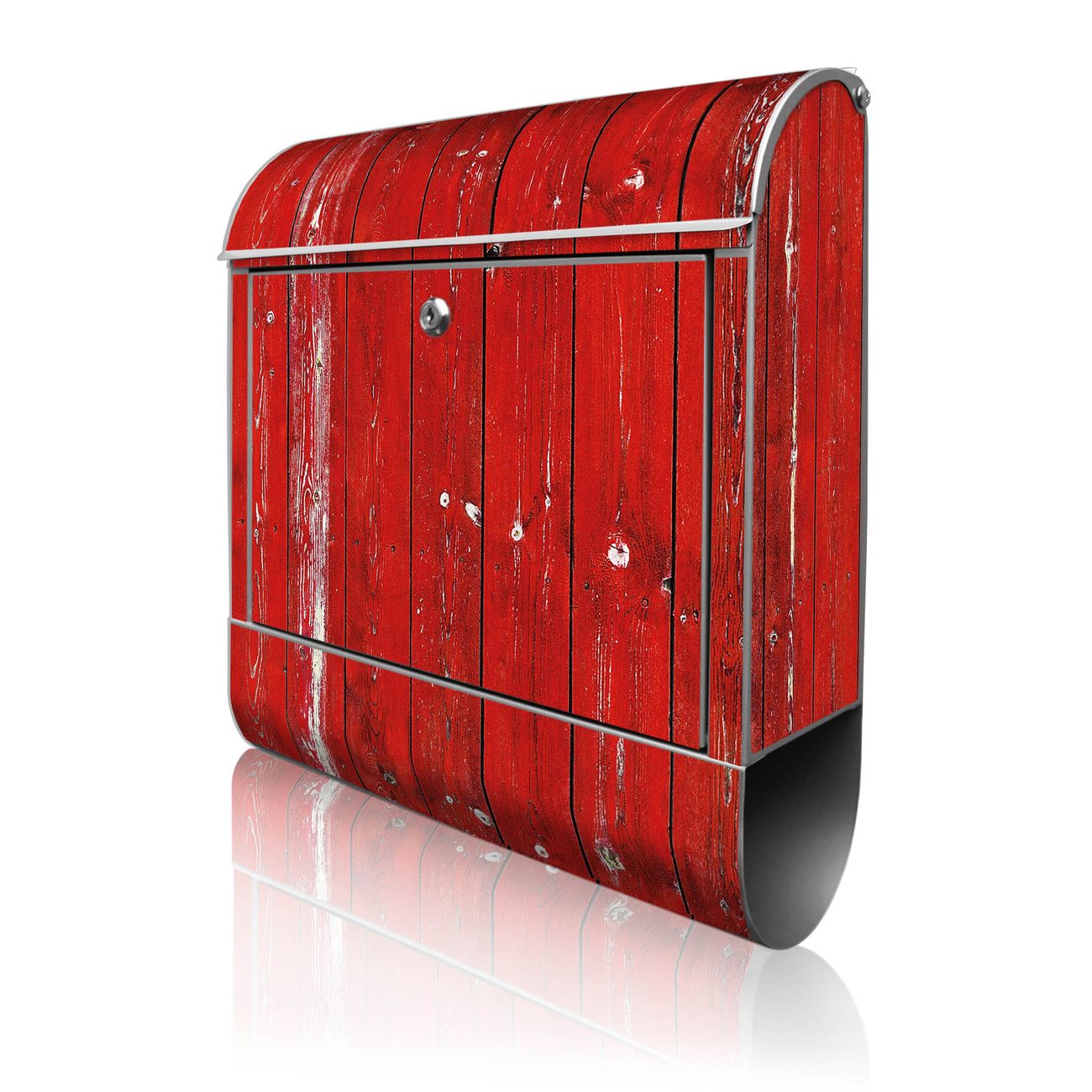 banjado Briefkasten groß silber kaufen mit Motiv Rote Holzlatten 38x47x13cm - mit Zeitungsfach pulverbeschichtet - 2 Schlüssel - mit Montageanleitung