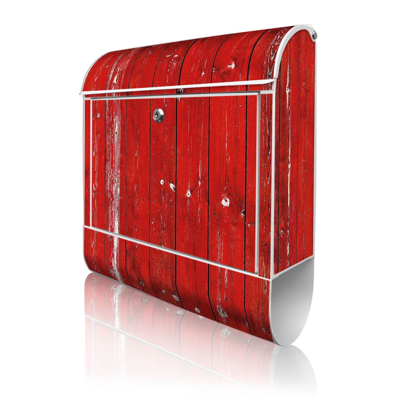 banjado Briefkasten groß weiß kaufen mit Motiv Rote Holzlatten 38x47x13cm - mit Zeitungsfach pulverbeschichtet - 2 Schlüssel - mit Montageanleitung