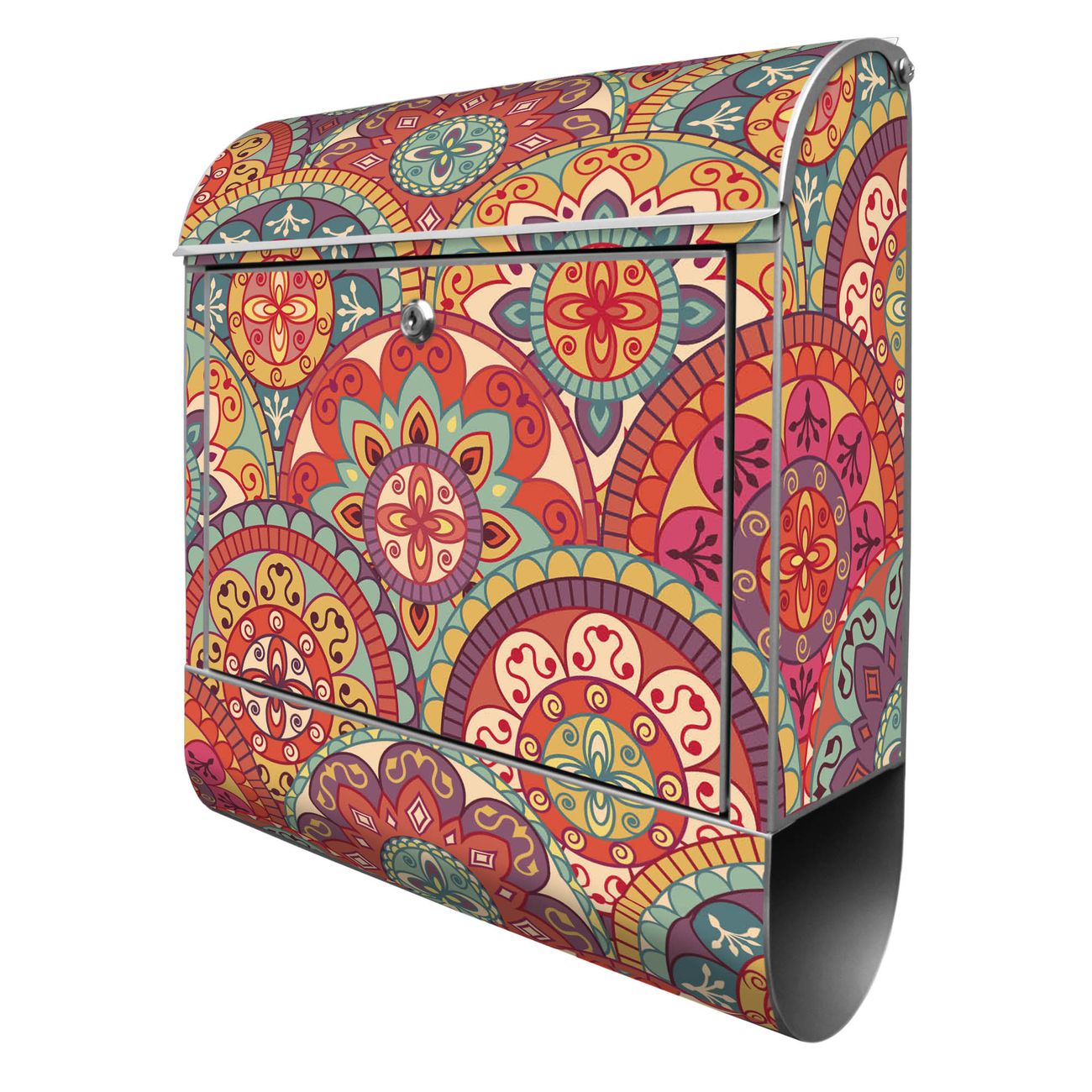 banjado Manufaktur Briefkasten silber bunt mit Motiv Rosetten 38x47x13cm - mit Zeitungsfach pulverbeschichtet, 2 Schlüssel, mit Montageanleitung