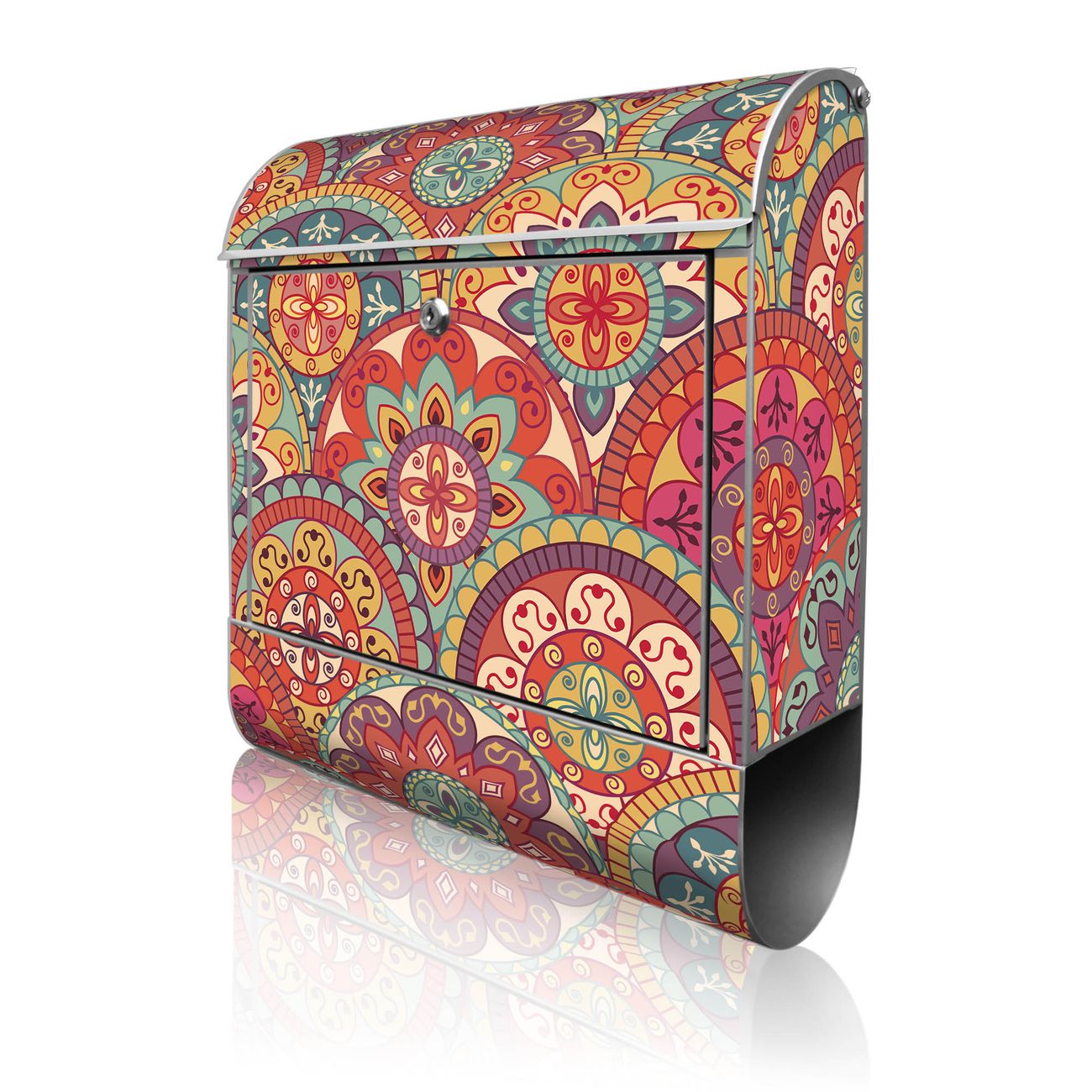 banjado Manufaktur Briefkasten silber bunt mit Motiv Rosetten 38x47x13cm - mit Zeitungsfach pulverbeschichtet, 2 Schlüssel, mit Montageanleitung