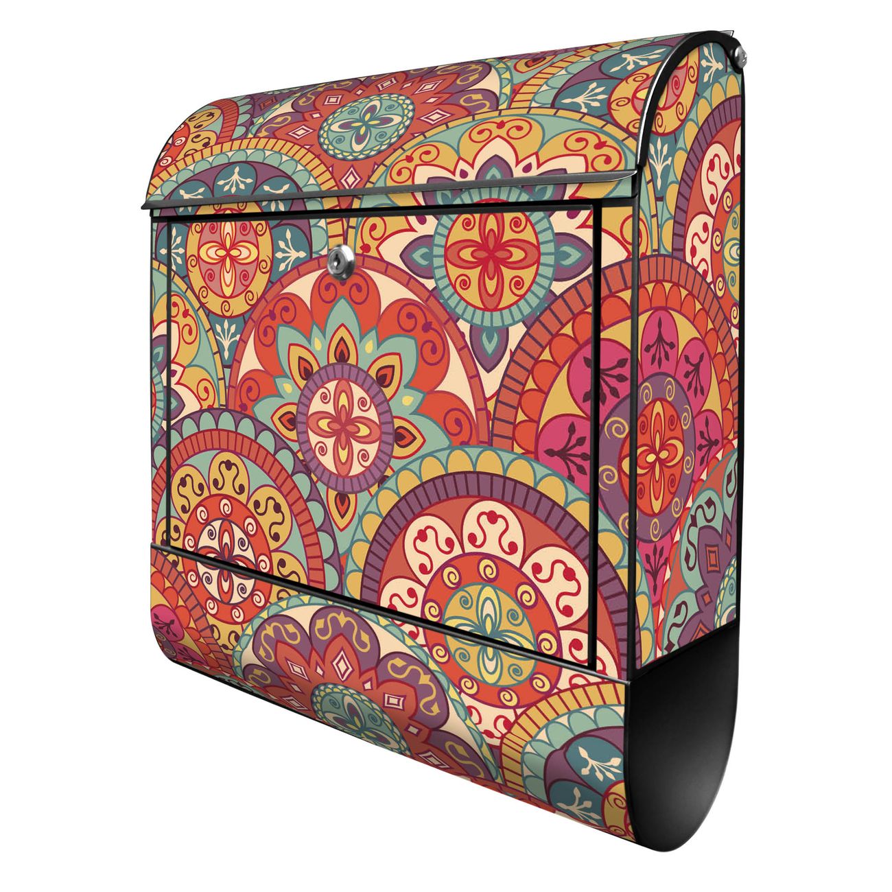banjado Manufaktur Briefkasten schwarz bunt mit Motiv Rosetten 38x47x13cm - mit Zeitungsfach pulverbeschichtet, 2 Schlüssel, mit Montageanleitung