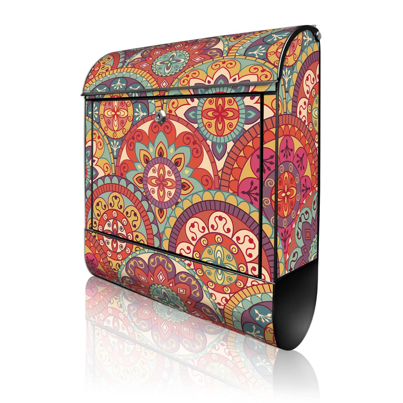 banjado Manufaktur Briefkasten schwarz bunt mit Motiv Rosetten 38x47x13cm - mit Zeitungsfach pulverbeschichtet, 2 Schlüssel, mit Montageanleitung